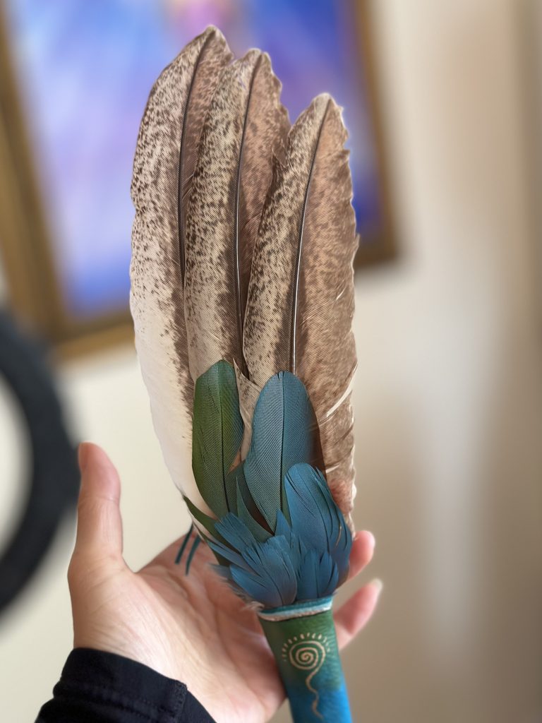 A hand holding a bundle of brown and blue feathers.