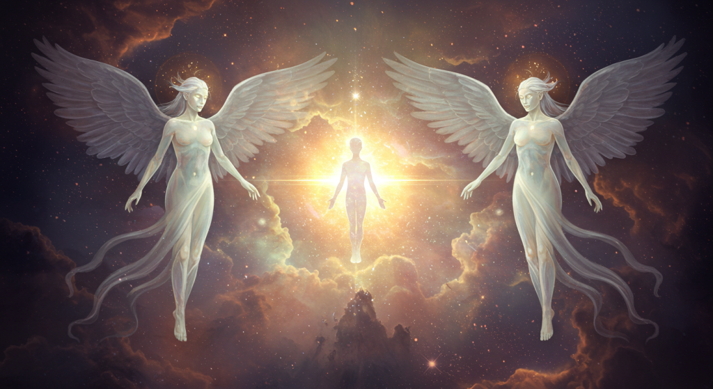 Angels and celestial figure in radiant light.