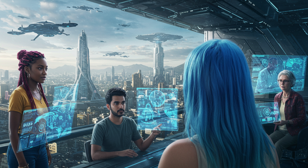 Two people discussing futuristic city plans with holographic displays.