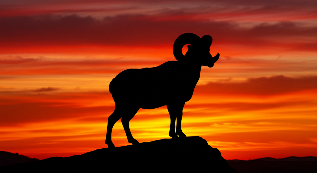 Silhouette of a ram standing on a rock against a vibrant sunset sky.