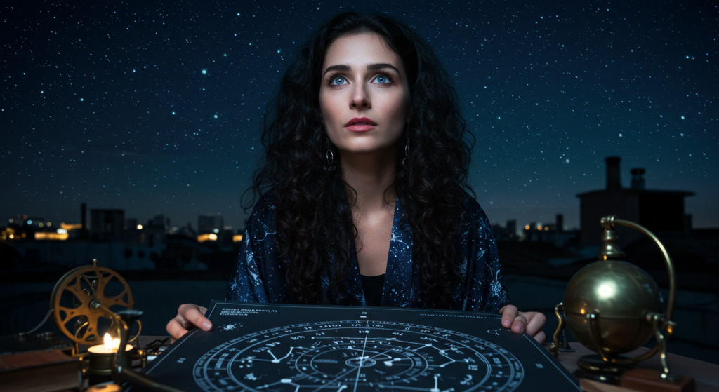 Woman stargazing with astrological chart at night.