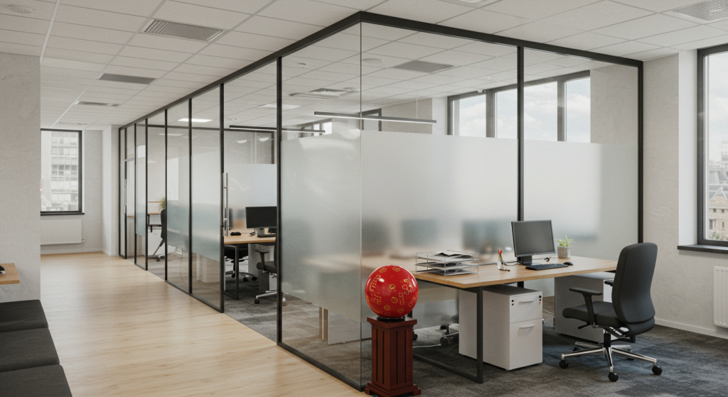 Modern office with glass partitions and desks.