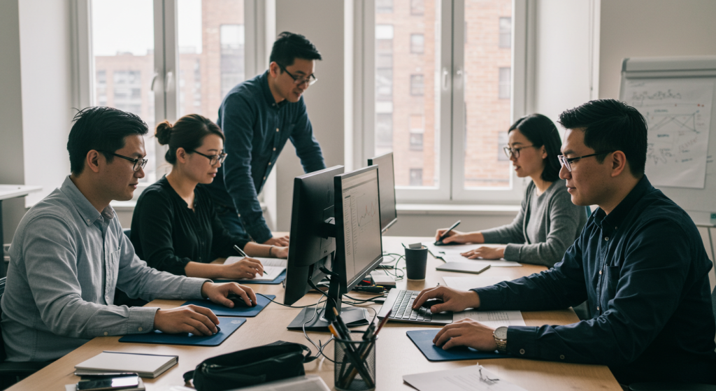 A team collaborating at a modern office workspace with computers and documents.