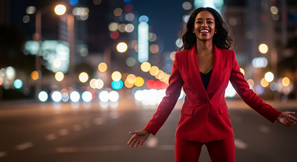 Confident woman in red suit smiling on city street at night.