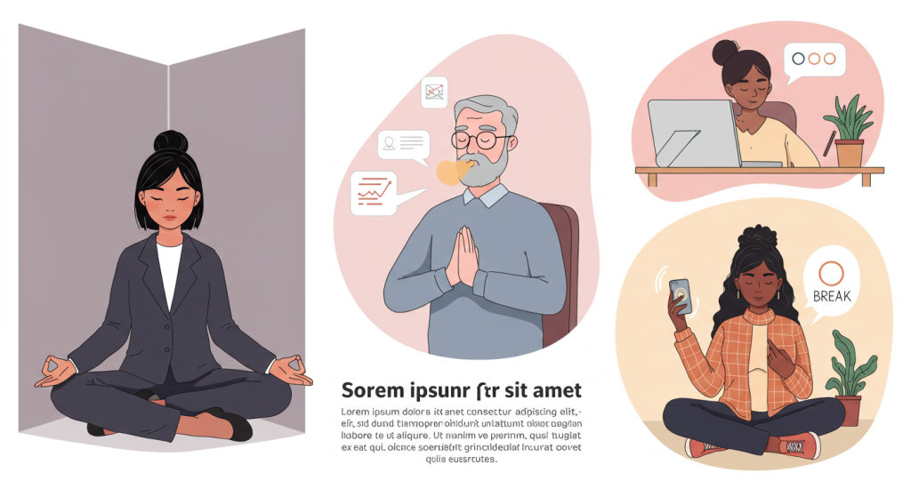 People meditating and working in different settings.